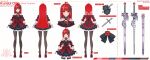  1girl absurdres alternate_costume bangs black_bow bow character_sheet collarbone dress eyebrows_visible_through_hair highres hololive hololive_indonesia kureiji_ollie kuronekozero long_hair off-shoulder_dress off_shoulder olivia_(kureiji_ollie) open_hands red_dress red_eyes red_footwear red_hair sword sword_hair_ornament thighhighs very_long_hair virtual_youtuber weapon 