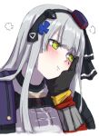  2girls =3 aoi_(aoisaka) bangs black_gloves blush closed_mouth facial_mark girls&#039;_frontline gloves green_eyes grey_hair hair_ornament hand_on_another&#039;s_cheek hand_on_another&#039;s_face hat hk416_(girls&#039;_frontline) long_hair mini_hat mod3_(girls&#039;_frontline) multiple_girls pout simple_background solo_focus ump45_(girls&#039;_frontline) white_background 