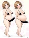  1girl bangs bar_censor big_belly bikini blush breasts brown_eyes brown_hair censored collarbone commentary_request dot_nose eyebrows_visible_through_hair flower full_body furrowed_brow futanari hair_flower hair_ornament highres idolmaster idolmaster_cinderella_girls looking_at_viewer looking_to_the_side medium_hair mimura_kanako multiple_views navel open_mouth plump shadow shigekikkusu shiny shiny_hair signature silhouette standing swimsuit tareme thick_thighs thighs 