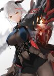  1girl absurdres aegir_(azur_lane) azur_lane bare_shoulders black_cape black_gloves bodystocking breast_curtains breasts cape cross cross_earrings demon_horns dutch_angle earrings gloves grey_background highres horns jewelry large_breasts long_hair looking_at_viewer mechanical_animal medal multicolored_hair oxygen_mask_(oxygenmask233) red_hair simple_background sleeves solo streaked_hair very_long_hair white_hair yellow_eyes 