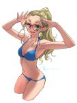  1girl armpits arms_up bare_shoulders bikini blonde_hair blue_bikini blue_eyes breasts cleavage commentary_request cropped_legs dekomegane earrings eyebrows forehead glasses halterneck high_ponytail highres jewelry long_hair looking_at_viewer medium_breasts navel open_mouth original ponytail red-framed_eyewear sasetsu short_eyebrows sidelocks simple_background smile solo stud_earrings swimsuit thick_eyebrows white_background 