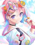  1girl air_pods artist_name bangs bear blue_hair blurry blurry_foreground blush bracelet bubble_tea eyebrows_visible_through_hair flower food food-themed_hair_ornament fruit hair_between_eyes hair_ornament hairclip heart heart_ring highres holographic_clothing ice_cream_cone jacket jewelry letta_illust long_sleeves looking_at_viewer looking_back multicolored multicolored_background multicolored_hair orange_(food) original patch pink_hair playing_with_own_hair portrait ring rubber_duck short_hair smile solo strawberry_hair_ornament sunglasses symbol_commentary unicorn zipper 
