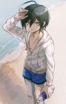  1boy ahoge arm_up bangs beach black_hair blue_male_swimwear bottle brown_eyes collarbone commentary_request danganronpa_(series) danganronpa_s:_ultimate_summer_camp danganronpa_v3:_killing_harmony feet_out_of_frame highres holding holding_bottle hood jacket long_sleeves looking_at_viewer male_focus open_mouth saihara_shuuichi solo standing sweat visket53 water water_bottle white_jacket yellow_eyes 