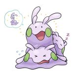  &gt;_&lt; closed_eyes closed_mouth creature flying_sweatdrops gen_6_pokemon goomy highres numera_goomy open_mouth pokemon pokemon_(creature) simple_background sleeping sliggoo sparkle white_background zzz 