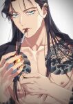  1boy akai_shuuichi bare_pectorals black_hair black_shirt chest_tattoo cigarette collarbone commentary_request dragon_tattoo fingernails fire green_eyes grey_background highres holding k_(gear_labo) long_hair looking_at_viewer male_focus matches meitantei_conan mouth_hold nipples open_clothes open_shirt parted_lips pectorals shirt simple_background solo tattoo toned toned_male upper_body 