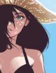  1girl absurdres bikini black_bikini black_hair blue_background blue_eyes breasts cleavage english_commentary hair_over_one_eye hat highres lem long_hair looking_up one_eye_covered original parted_lips portrait solo straw_hat swimsuit 
