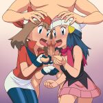  1boy 2girls bangs beanie bike_shorts blue_eyes blue_hair blush brown_hair censored clothed_female_nude_male collared_shirt commentary_request dawn_(pokemon) eyelashes fellatio ffm_threesome gloves group_sex hair_ornament hairclip hat hetero leaning_forward licking licking_penis may_(pokemon) miraa_(chikurin) mosaic_censoring multiple_fellatio multiple_girls nude open_mouth oral penis pink_scarf poke_ball_symbol pokemon pokemon_(anime) pokemon_dppt_(anime) pokemon_rse_(anime) red_bandana red_shirt scarf shirt short_sleeves skirt sleeveless testicle_grab testicles threesome tongue tongue_out white_gloves white_headwear white_skirt 