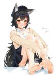 1girl animal_ear_fluff animal_ears bangs bare_shoulders barefoot black_hair black_skirt blush brown_eyes casino_(casinoep) closed_mouth commentary_request eyebrows_visible_through_hair feet hair_between_eyes hair_ornament hat highres hololive long_hair long_sleeves looking_at_viewer multicolored_hair ookami_mio open_mouth red_hair signature simple_background sitting skirt smile soles solo streaked_hair tail toes twitter_username very_long_hair virtual_youtuber white_background wolf_ears wolf_girl wolf_tail x_hair_ornament 