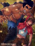  2boys arm_hair bara beard black_hair brown_pants bulge chest_hair claw_pose dark-skinned_male dark_skin denim facial_hair fingernails forked_eyebrows fur hairy jasdavi jeans kemonomimi_mode large_pectorals leg_hair little_red little_red_riding_hood looking_at_viewer luca_(jasdavi) male_focus mature_male monster_boy multiple_boys muscular muscular_male nipples noah_(jasdavi) original pants pectorals sharp_fingernails shirtless short_hair sideburns stubble tail thick_eyebrows thighs torn_clothes torn_pants uncensored wolf_boy wolf_tail 