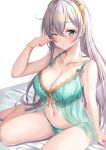  1girl ;o anastasia_(fate) arm_support bangs bare_legs blush bow_hairband bra breasts cleavage collarbone commentary crossed_bangs eyebrows_visible_through_hair fate/grand_order fate_(series) green_bra green_eyes green_panties hairband harimoji highres large_breasts lingerie long_hair looking_at_viewer navel negligee one_eye_closed open_mouth panties rubbing_eyes silver_hair simple_background solo thighs underwear white_background 