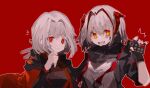  2girls :d arknights bright_pupils cape crossover eyebrows_visible_through_hair eyes_visible_through_hair fingerless_gloves gloves hair_intakes he_(minty) holding horns lobotomy_corporation long_sleeves looking_at_viewer multicolored_hair multiple_girls myo_(lobotomy_corporation) open_mouth orange_eyes rabbit_team red_background red_eyes red_hair red_nails short_hair silver_hair simple_background smile trait_connection two-tone_hair upper_body w_(arknights) white_pupils 