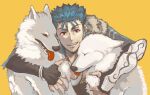  1boy 2others animal blue_hair bracelet closed_mouth cu_chulainn_(caster)_(fate) cu_chulainn_(fate)_(all) dog earrings fangs fate/grand_order fate_(series) fur-trimmed_hood fur_trim grin hood hood_down jewelry long_hair looking_at_viewer male_focus multiple_earrings multiple_others multiple_piercings red_eyes shibanui simple_background smile solo spiked_hair vambraces white_wolf wolf 