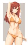  1girl aozaki_touko arciealbano arm_behind_head arm_up arms_up bangs bare_arms bikini bikini_pull blush breasts clothes_pull collarbone eyebrows_visible_through_hair glasses groin hair_between_eyes halterneck highres jewelry kara_no_kyoukai large_breasts long_hair navel necklace orange_bikini orange_swimsuit red_eyes red_hair solo sweat swimsuit underboob 