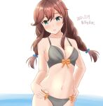  1girl ame-san bangs bikini braid breasts brown_hair cleavage cowboy_shot dated green_eyes grey_bikini hands_on_hips highres kantai_collection large_breasts looking_at_viewer navel noshiro_(kancolle) one-hour_drawing_challenge solo swept_bangs swimsuit twin_braids twitter_username 