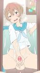 1boy arm_up bed blonde_hair blue_eyes blush bottomless brown_hair collagen commentary_request crossdressing cum cumdrip erection heavy_breathing looking_at_mirror male_focus male_masturbation masturbation mirror on_floor open_mouth otoko_no_ko pinky_out puzzle_&amp;_dragons puzzle_&amp;_dragons_cm reflection short_hair spread_legs sweatdrop testicles tokita_kazuki uneven_eyes wavy_mouth 