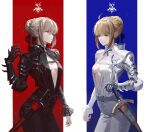  2girls ahoge armor artoria_pendragon_(all) bangs belt belt_buckle black_armor black_nails black_pants black_ribbon black_shirt blonde_hair blue_ribbon braid breasts buckle center_opening excalibur_(fate/stay_night) excalibur_morgan_(fate) eyebrows_visible_through_hair fajyobore fate/stay_night fate_(series) french_braid gauntlets green_eyes hair_bun hair_ribbon highres long_hair long_sleeves looking_ahead medium_breasts multiple_girls nail_polish pants pauldrons ribbon saber saber_alter scabbard sheath shirt shoulder_armor sidelocks single_gauntlet single_pauldron small_breasts solo sword thighs vambraces weapon white_pants white_shirt yellow_eyes 