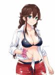  1girl bangs bikini bikini_under_clothes black_bikini braid breasts brown_hair cleavage commentary_request cowboy_shot dress_shirt furufuru_fugu green_eyes highres kantai_collection large_breasts mixed-language_commentary noshiro_(kancolle) one-hour_drawing_challenge open_clothes open_shirt red_shorts shirt shorts simple_background solo swept_bangs swimsuit swimsuit_under_clothes twin_braids white_background white_shirt 