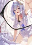  2girls amane_kanata angel_wings armpits axolotl axolotl_(minecraft) bare_legs bed black_bra blue_hair blurry blurry_background blush bra breasts camisole cleavage colored_inner_hair dragon_tail fang feathered_wings glasses hair_ornament hololive kiryu_coco kneeling legs looking_at_viewer minecraft mini_wings multicolored_hair multiple_girls ohland open_mouth pov purple_eyes see-through see-through_silhouette shirt short_hair small_breasts star_(symbol) star_hair_ornament tail underwear virtual_youtuber white_shirt wings yuri 