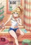  1girl bangs bar_soap bath_stool bathtub bespectacled blonde_hair braid breasts brushing_teeth dolphin_shorts fate/apocrypha fate_(series) french_braid glasses green_eyes hair_ornament hair_scrunchie highres jewelry long_hair looking_at_viewer midriff mordred_(fate) mordred_(fate)_(all) navel necklace parted_bangs pendant ponytail revision scrunchie shampoo_bottle shorts sidelocks sitting small_breasts solo stool timestamp tonee toothbrush_in_mouth 