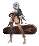  1girl alternate_costume bangs bell blue_hair breasts clothing_cutout corset eula_(genshin_impact) eyebrows_visible_through_hair eyyy full_body genshin_impact hand_on_hip high_heels leotard long_hair navel navel_cutout parted_lips side-tie_peek simple_background single_thighhigh solo standing thigh_strap thighhighs thighs vision_(genshin_impact) white_background white_footwear yellow_eyes 