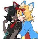  2girls :d ;d animal_ear_fluff animal_ears aqua_hair aqua_ribbon belt black_belt black_footwear black_hair black_legwear black_tail blonde_hair blue_hoodie blush buttons closed_eyes commentary_request cowboy_shot dark-skinned_female dark_skin double-breasted drawstring eye_contact flower hair_between_eyes hair_flower hair_ornament hair_ribbon hakama hand_up hands_on_another&#039;s_shoulders hands_up hood hood_down hoodie indie_virtual_youtuber japanese_clothes katana light_blush long_sleeves looking_at_another medium_hair military military_uniform multicolored multicolored_hair multicolored_tail multiple_girls multiple_tails necktie one_eye_closed open_clothes open_hoodie open_mouth pantyhose red_flower red_hakama red_neckwear red_ribbon red_tail ribbon sakura_chiyo_(konachi000) sakuraba_chiyo scabbard sheath sheathed short_hair short_sleeves signature simple_background smile standing streaked_hair sword tail tassel thick_eyebrows thighhighs two-tone_hair two_tails uniform very_dark_skin virtual_youtuber weapon white_background wing_collar yamano_kayo yellow_eyes 