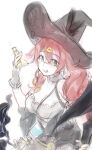  1girl :d bangs black_dress black_gloves black_headwear breasts cleavage dorothy_(sinoalice) dress fingerless_gloves glasses gloves hair_between_eyes hat holding looking_at_viewer open_mouth potion purple_eyes red_hair sinoalice sketch smile solo teeth teroru twintails white_background witch_hat 