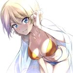  1girl bangs bent_over bikini blonde_hair blue_bikini blush bracelet braid breasts cleavage collarbone crown_braid darjeeling_(girls_und_panzer) eyebrows_visible_through_hair french_braid girls_und_panzer hair_tucking hanging_breasts jewelry large_breasts looking_at_viewer mismatched_bikini nakahira_guy navel necklace orange_bikini parted_lips short_hair simple_background smile solo swimsuit v-shaped_eyebrows white_background 