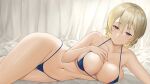  1girl alternate_costume ameno_shigure areola_slip areolae bed_sheet bikini blonde_hair blue_bikini blue_eyes braid breasts collarbone commentary_request covered_nipples curtains darjeeling_(girls_und_panzer) girls_und_panzer hand_on_own_chest highleg highleg_bikini large_breasts lying micro_bikini navel on_side pink_nails short_hair skindentation smile solo swimsuit tied_hair twin_braids underboob white_curtains 