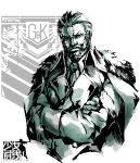  1boy beard berezovich_kryuger_(girls&#039;_frontline) buttons commentary_request copyright_name crossed_arms double-breasted facial_hair fur-trimmed_jacket fur_trim girls&#039;_frontline grifon_&amp;_kryuger handi highres jacket jacket_on_shoulders logo male_focus military military_uniform monochrome necktie parody scar scar_on_cheek scar_on_face shinkawa_youji_(style) short_hair solo style_parody uniform upper_body white_background 