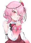  1girl bubukka eyebrows_visible_through_hair fingernails flower hair_between_eyes hair_flower hair_ornament index_finger_raised looking_at_viewer nijisanji nijisanji_en red_eyes rosemi_lovelock short_hair simple_background solo upper_body virtual_youtuber white_background 