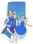  2girls :d absurdres bangs barefoot blonde_hair blue_cape blue_dress blue_eyes blue_hair blue_legwear boots breasts cape cirno cleavage crossover crystal crystal_maiden defense_of_the_ancients dota_2 dress full_body hair_between_eyes hair_ribbon hand_on_another&#039;s_arm highres ice ice_wings long_hair looking_at_another multiple_girls open_mouth ribbon running short_hair short_sleeves smile snow snowing standing standing_on_one_leg teeth thek40 thighhighs toes touhou white_footwear wings 
