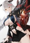  1girl absurdres aegir_(azur_lane) azur_lane bare_shoulders black_cape breast_curtains breasts cape chain cross cross_earrings demon_horns dutch_angle earrings grey_background highres horns jewelry large_breasts long_hair looking_at_viewer mechanical_animal medal multicolored_hair oxygen_mask_(oxygenmask233) red_hair simple_background sleeves solo streaked_hair very_long_hair white_hair yellow_eyes 
