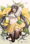  1girl ;d absurdres arm_up black_footwear black_hair blurry breasts brown_legwear cleavage crop_top food fruit hair_ribbon hand_up highres holding jisu_lee large_breasts legs_up lemon lemon_slice long_hair long_sleeves looking_at_viewer mary_janes midriff miniskirt navel one_eye_closed open_mouth original pleated_skirt ribbon see-through_sleeves shirt shoes skirt smile solo stomach thighhighs twintails very_long_hair white_shirt yellow_eyes yellow_skirt zettai_ryouiki 