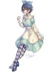  alice_(sinoalice) bangs blue_dress blue_hair brown_eyes checkered checkered_legwear crossed_legs cup dress full_body hair_between_eyes hair_ornament hairpin headband holding holding_cup long_sleeves looking_at_viewer ojo_aa open_mouth short_hair simple_background sinoalice teacup teeth thighhighs white_background 