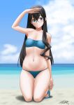  1girl artist_name beach bikini black_hair blue_bikini blue_sky breasts cloud day full_body glasses green_eyes hairband highres kantai_collection kneeling long_hair looking_at_viewer ooyodo_(kancolle) outdoors sandals semi-rimless_eyewear shading_eyes sky small_breasts solo strapless strapless_bikini swimsuit t2r under-rim_eyewear 