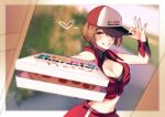  1girl adjusting_clothes adjusting_headwear bare_shoulders blurry border breasts brown_eyes brown_hair cleavage commentary cowboy_shot depth_of_field food hair_over_one_eye hat large_breasts looking_at_viewer medium_breasts meiko midriff navel outstretched_arm pizza pizza_box short_hair smile solo stomach vocaloid white_border yen-mi 