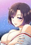  1girl bare_shoulders black_hair blush breasts cleavage eyebrows_visible_through_hair jinno_sumire kuroda_akimi large_breasts lips lipstick looking_at_viewer makeup mature_female purple_eyes red_lips short_hair simple_background smile solo tsumamigui_3 upper_body 