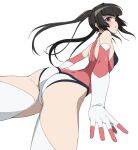  1girl ass bangs black_hair blunt_bangs breasts elbow_gloves from_behind gloves leotard long_hair looking_at_viewer looking_back pink_eyes pink_leotard senki_zesshou_symphogear shiny shiny_hair simple_background small_breasts solo thighhighs tsukamoto_kensuke tsukuyomi_shirabe twintails white_background white_legwear 