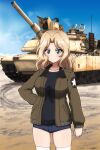  1girl arm_at_side black_shirt blonde_hair blue_eyes blue_sky bukkuri clenched_hand cloud commission denim denim_shorts girls_und_panzer ground_vehicle gun hair_intakes hand_on_hip kay_(girls_und_panzer) long_hair m1_abrams machine_gun military military_vehicle motor_vehicle sand shirt short_shorts shorts skeb_commission sky smile solo tank thighhighs thighs weapon white_legwear zettai_ryouiki 