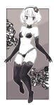  1girl bare_shoulders border bra breasts bright_pupils closed_mouth copyright_request elbow_gloves gloves greyscale hairband highres lamb-oic029 looking_at_viewer monochrome navel panties short_hair small_breasts solo thighhighs underwear underwear_only white_border white_pupils wide-eyed 