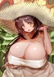  1girl bare_shoulders blush bow breasts brown_hair cleavage covered_nipples dress flower gigantic_breasts hair_bow halter_dress halterneck hat highres long_hair metk open_mouth orange_eyes original smile solo straw_hat sundress sunflower tareme very_long_hair white_dress 