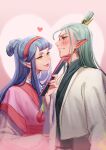  1boy 1girl black_hair blush brown_eyes fan green_eyes grey_hair heart highres holding holding_fan lanxi_zhen long_hair long_sleeves pan_jing_(the_legend_of_luoxiaohei) pointy_ears profile signature smile suncle the_legend_of_luo_xiaohei upper_body xia_(the_legend_of_luoxiaohei) 