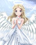  1girl alternate_costume angel angel_wings bare_shoulders blonde_hair bracelet cloud cloudy_sky dress fire_emblem fire_emblem_awakening hair_down hair_ornament halo hands_together jewelry kakiko210 lissa_(fire_emblem) long_hair looking_at_viewer sky smile solo white_dress wings yellow_eyes 