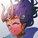  1girl circlet colored_skin defense_of_the_ancients dota_2 earrings eren_(artist) evil_grin evil_smile floating_hair grey_background grin highres horns jewelry looking_at_viewer pointy_ears portrait purple_eyes purple_hair queen_of_pain_(dota) red_skin simple_background smile solo teeth wavy_hair 