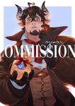  1boy bara barawa blush brown_coat brown_eyes brown_hair bursting_pectorals coat commission cravat draph facial_hair finger_to_cheek goatee granblue_fantasy horns looking_at_viewer male_focus mature_male muscular muscular_male onion_holic pectorals pointy_ears shirt short_hair solo upper_body white_shirt 