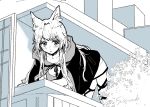  1girl all_fours animal_ears arknights bangs blush cat_ears cat_girl cloak dress highres hood hood_down hooded_cloak long_hair monochrome parody parted_lips rosmontis_(arknights) shinjuku_cat solo sutoa thigh_strap 