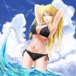  1girl armpits arms_behind_head bikini black_bikini blonde_hair blush breasts cleavage collarbone covered_nipples eyebrows_visible_through_hair fate_testarossa highres large_breasts long_hair looking_at_viewer lyrical_nanoha mahou_shoujo_lyrical_nanoha_strikers navel ocean open_mouth outdoors red_eyes shiny shiny_hair side-tie_bikini sky smile solo sougetsu_izuki swimsuit 