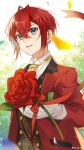  1boy antenna_hair blue_eyes flower gloves gold_necktie hair_between_eyes highres holding jacket kwakah long_sleeves male_focus necktie open_mouth red_hair red_jacket riddle_rosehearts rose shirt short_hair simple_background smile twisted_wonderland white_gloves 