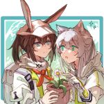  2girls absurdres alternate_costume amiya_(arknights) amiya_(seeder)_(arknights) animal_ears arknights bag bangs baseball_cap blue_eyes brown_hair bunny_ears cat_ears cat_girl chinese_commentary e-fa-dorn ears_through_headwear eyebrows_visible_through_hair flower gloves green_eyes hat highres holding jacket light_blush long_hair long_sleeves matching_outfit multiple_girls neckerchief official_alternate_costume plant ponytail potted_plant rabbit_girl rhodes_island_logo rosmontis_(arknights) short_sleeves silver_hair white_headwear white_jacket 