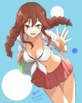  1girl ball bangs beachball bikini bikini_under_clothes black_bikini blue_background braid breasts brown_hair cleavage commentary_request cowboy_shot dress green_eyes highres kantai_collection large_breasts leaning_forward long_hair noshiro_(kancolle) one-hour_drawing_challenge pleated_dress red_skirt shirt skirt solo swept_bangs swimsuit swimsuit_under_clothes tied_shirt twin_braids umibudou 